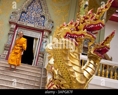 28 juin 2011 - Chiang mai, Chiang mai, Thaïlande - Un moine passe devant le Naga, ou serpents magiques qui gardent le temple, à Wat Phrathat Doi Saket, un grand complexe de temples à Chiang mai, Thaïlande. Le temple de Doi Saket aurait été construit en l'an 1112, mais il a été rénové plusieurs fois depuis lors. Photo de Jack Kurtz / ZUMA Press (crédit image : © Jack Kurtz/ZUMAPRESS.com) Banque D'Images