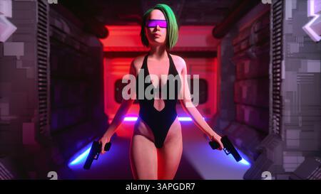 une femme cyberpunk armée dans une station spatiale (rendu 3d) Banque D'Images