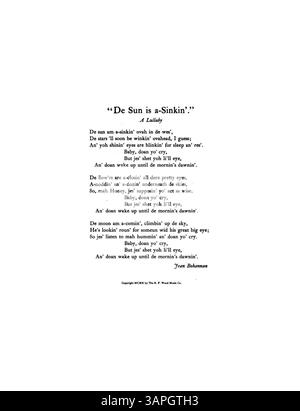 'De Sun is a-sinkin' - a Lullaby' contient des paroles et de la musique de Jean Bohannan. La chanson est écrite dans la clé de F, avec le texte complet imprimé avant la partition. Le numéro de plaque de la publication est B.F.W. 8655. La couverture arrière comprend une publicité pour d'autres nouvelles chansons avec des extraits musicaux. La couleur de l'image numérique peut différer de l'original et les annotations ne sont pas incluses. Banque D'Images