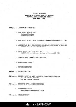 Les procès-verbaux de réunion du conseil d'administration de la Bibliothèque publique de Minneapolis de 1994 documentent les activités, les discussions et les décisions du conseil pour cette année-là. Banque D'Images
