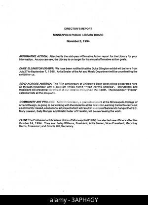 Procès-verbal de la réunion de 1994 du conseil d'administration de la Bibliothèque publique de Minneapolis, axé sur la gestion de la bibliothèque et les ressources et services de la bibliothèque du comté de Hennepin. Banque D'Images