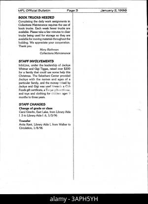 Le Bulletin officiel 1996 pour les employés de la Bibliothèque publique de Minneapolis fournit des mises à jour hebdomadaires sur les activités de la bibliothèque, les nouvelles des employés et les avis importants. Banque D'Images