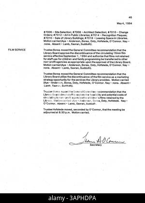 Les procès-verbaux de réunion de 1994 du conseil d'administration de la Bibliothèque publique de Minneapolis contiennent des comptes rendus de décisions, d'actions et de discussions sur la gouvernance et les opérations de la bibliothèque. Banque D'Images
