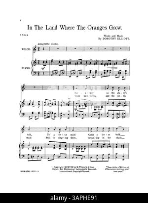 Une composition musicale intitulée 'In the Land Where the oranges Grow', écrite par Dorothy Elliott. La couverture énumère le titre sous compositions de Dorothy Elliott avec le numéro de plaque M.W.&SONS 8609. La couverture arrière présente la publicité d'un éditeur avec un extrait de "Somebody Loves You Dear". Banque D'Images