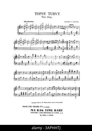 La partition intitulée When Knighthood Was in Flower contient des extraits musicaux de Topsy Turvy et A Lady of Quality. La couverture arrière intérieure comprend une publicité pour « The Bos'n Rag » et la couverture arrière fait la promotion de « four Popular Whitney Warner Hits ». Cette pièce musicale met en valeur la musique américaine du début du XXe siècle et des partitions de musique. Banque D'Images
