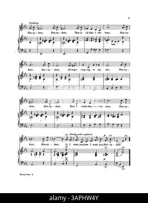 La partition de 'Honey Dear' par Anita Owen comporte la légende 'Words and Music by Anita Owen'. La couverture intérieure présente une publicité pour les « Sweetheart Days » et répertorie d'autres pièces disponibles. La représentation numérique des couleurs peut différer de l'original. Banque D'Images