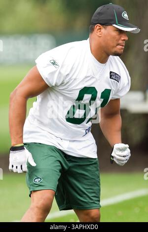 4 août 2011 : les jets de New York Tight End Dustin Keller (81 ans) en action pendant le camp d'entraînement des jets de New York au Atlantic Health Training Center à Florham Park, New Jersey. (Crédit image : © Chris Szagola/Cal Sport Media/ZUMAPRESS.com) Banque D'Images