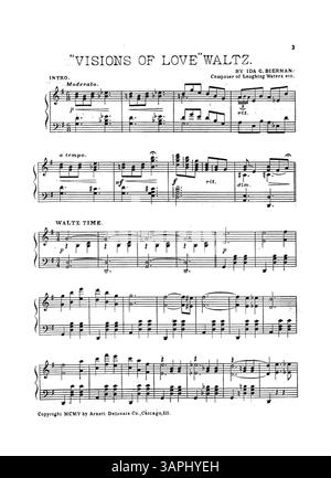 Les « visions of Love Waltzes » présentent des publicités musicales pour « Flowerland » et Geo. L. Spaulding's consolation. La couverture intérieure comprend la publicité pour « Flowerland », et la couverture arrière souligne « Love's consolation ». IDA G. Bierman, compositeur connu, est également référencé. Banque D'Images