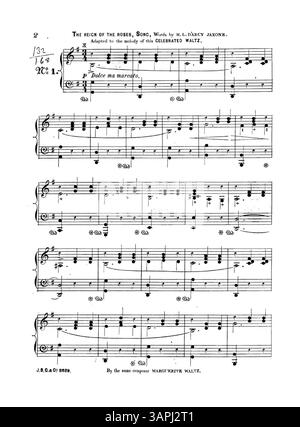 La partition Myosotis comprend la valse The Reign of the Roses, adaptée à une mélodie bien connue. Il présente des publicités pour d'autres valses et polkas, y compris 'Marguerite Waltz', 'Old Love and the New Waltz', et d'autres. La couverture arrière annonce les dernières sorties de J.B. Cramer et Co.. Banque D'Images