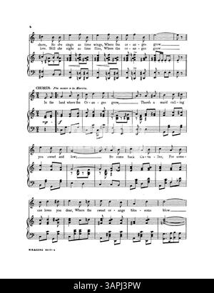 La partition de In the Land Where the oranges Grow de Dorothy Elliott comporte le titre et la composition musicale, avec une publicité sur la couverture arrière promouvant d'autres œuvres de l'éditeur. Banque D'Images