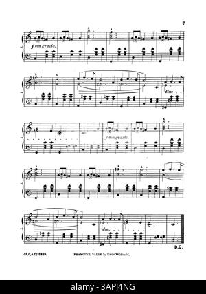 Cette partition musicale pour 'Myosotis Myosotis' comprend la chanson 'The Reign of the Roses' adaptée à une célèbre mélodie de valse. Plusieurs publicités musicales pour les valses et les polkas sont présentées, telles que 'Marguerite Waltz', 'Swallows Waltz' et 'Vanity Fair Polka'. La couverture arrière comprend une publicité pour J.B. Cramer et Co. Banque D'Images