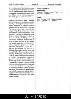 Ce bulletin hebdomadaire de 1996 de la Bibliothèque publique de Minneapolis sert à informer les employés sur les services de bibliothèque, les activités du personnel et les événements à venir. Banque D'Images