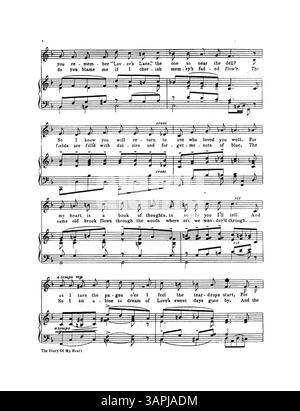 Pochette de partition pour 'Diary of My Heart', dédiée à Madame Schumann Heink, écrite par Mertie Bamber Bergen. Inclut des publicités pour des chansons populaires et des tubes instrumentaux de Jerome H. Remick et un refrain de 'Sunshine and Roses'. Numéro de plaque 7713. Banque D'Images