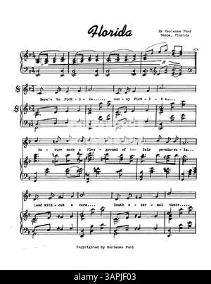 Cette composition musicale intitulée 'Florida' comprend une partition manuscrite avec des mots dactylographiés. La couleur de l'image numérique peut différer considérablement de l'original. Banque D'Images