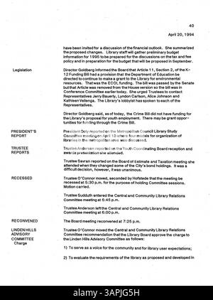 Les procès-verbaux des réunions de 1994 du conseil d'administration de la Bibliothèque publique de Minneapolis reflètent les décisions et les actions du conseil en matière de gouvernance et de fonctionnement de la bibliothèque. Banque D'Images