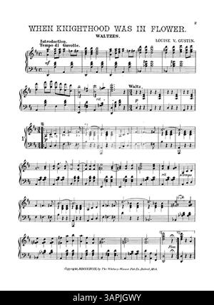 La partition intitulée When Knighthood Was in Flower contient des extraits musicaux de Topsy Turvy et A Lady of Quality. La couverture arrière intérieure comprend une publicité pour « The Bos'n Rag » et la couverture arrière fait la promotion de « four Popular Whitney Warner Hits ». Cette pièce musicale met en valeur la musique américaine du début du XXe siècle et des partitions de musique. Banque D'Images
