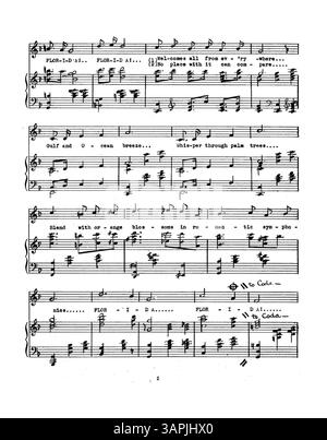 Cette composition musicale intitulée 'Florida' comprend une partition manuscrite avec des mots dactylographiés. La couleur de l'image numérique peut différer considérablement de l'original. Banque D'Images