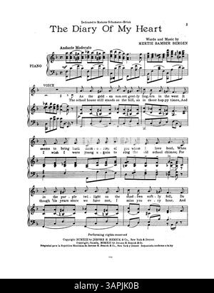 Pochette de partition pour 'Diary of My Heart', dédiée à Madame Schumann Heink, écrite par Mertie Bamber Bergen. Inclut des publicités pour des chansons populaires et des tubes instrumentaux de Jerome H. Remick et un refrain de 'Sunshine and Roses'. Numéro de plaque 7713. Banque D'Images