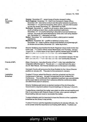 Ces 1994 procès-verbaux de réunion du conseil d'administration de la Bibliothèque publique de Minneapolis documentent les actions, les discussions et les décisions du conseil sur la gouvernance et les opérations de la bibliothèque pour l'année. Banque D'Images