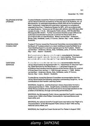 Minutes du conseil d'administration de la bibliothèque publique de Minneapolis en 1994, traitant des décisions opérationnelles et des services de bibliothèque pour le système de bibliothèque du comté de Hennepin. Banque D'Images