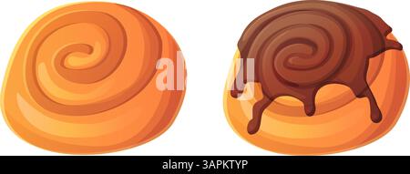 Rouleaux de cannelle de dessin animé avec et sans glaçage au chocolat, isolés sur fond blanc Illustration de Vecteur