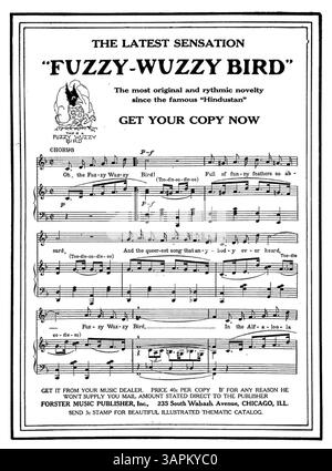 Cette partition comprend un extrait musical de la chanson 'Fuzzy Wuzzy Bird'. La deuxième page contient une publicité pour la chanson Out Where the West Begins. La troisième page contient une publicité pour la chanson 'Mississippi Cradle'. Les trois dernières pages contiennent des extraits musicaux de diverses chansons publiées par Forster Music Publisher. Banque D'Images