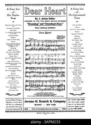 Une image de couverture de la chanson Honey Dear d'Anita Owen, avec la légende disant "mots et musique d'Anita Owen". La couverture intérieure comprend une publicité avec des extraits de « Sweetheart Days » et des listes de pièces musicales supplémentaires disponibles. Banque D'Images