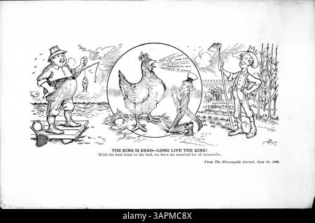 Une illustration satirique commentant la fiducie bovine et les industries alimentaires en période de transition économique. L'image montre divers monarques, y compris un pêcheur, un poulet et un fermier, avec l'oncle Sam agenouillé devant le poulet, symbolisant la frustration du public face aux prix des aliments lors d'une enquête sur l'industrie du bœuf. Banque D'Images