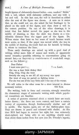 Cet article traite de Mary Barnes, une fillette de 12 ans en 1894, qui a développé de multiples personnalités après une maladie. dix personnalités distinctes ont été enregistrées, chacune avec des caractéristiques différentes, y compris la surdité, la cécité et la paralysie. Dr Wilson fournit une description détaillée de ces personnalités, ainsi que leurs dates d'apparition et de départ, ainsi qu'un bref aperçu du système nerveux. Banque D'Images