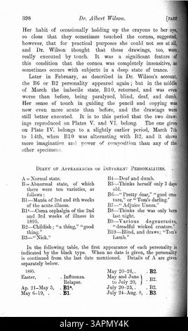Cet article décrit le cas de Mary Barnes, une jeune fille de 12 ans de 1894 qui a commencé à développer de multiples personnalités après une maladie. Pendant plusieurs années, elle a exposé 10 personnalités distinctes, dont une sourde, une autre aveugle et une paralysée. Le compte rendu détaillé de Dr Wilson comprend l’arrivée et le départ de chaque personnalité ainsi qu’un bref aperçu du système nerveux. Banque D'Images