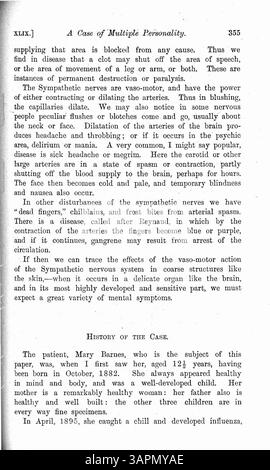 L’article traite du cas de Mary Barnes, une fillette de 12 ans qui a commencé à développer de multiples personnalités à la suite d’une maladie en 1894. Au fil des années, dix personnalités distinctes ont émergé, chacune avec ses propres traits, tels que la surdité, la cécité et la paralysie. Dr Wilson a documenté ces personnalités en détail, y compris leur apparition et leur disparition, ainsi que les lettres de Marie écrites par chaque personnalité. Banque D'Images
