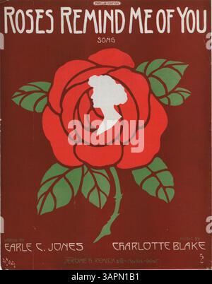 'Roses me rappellent de vous' comprend une publicité pleine page pour les 'dernières publications' de Jerome H. Remick & Co. sur la deuxième page. La publicité comprend des extraits musicaux des chansons Moon Bird de Johann C. Schmid et J.E. Dempsey et Lady Love d'Albert Gumble et Wm McKenna. Banque D'Images