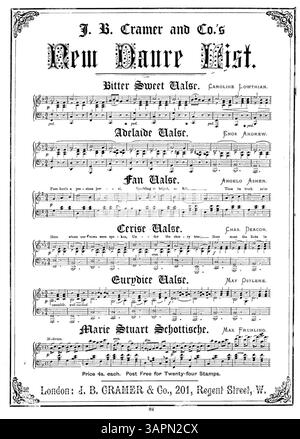 La partition de Myosotis Myosotis comprend la chanson The Reign of the Roses, une adaptation mélodique de valse. Des publicités pour des chansons telles que 'Marguerite Waltz', 'Swallows Waltz' et 'Vanity Fair Polka' sont présentées, et la couverture arrière contient des extraits musicaux et des publicités de J.B. Cramer et Co. Banque D'Images