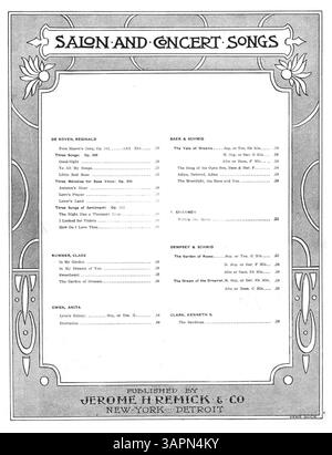 Cette pièce musicale présente un thème mélancolique de solitude. La couverture arrière comprend une publicité pour des chansons de salon et de concert, présentant un design Art Nouveau, un style caractérisé par des lignes fluides et des formes organiques. Banque D'Images
