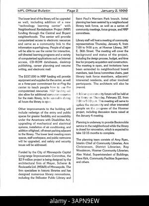 Ce bulletin hebdomadaire à l'intention des employés de la Bibliothèque publique de Minneapolis offre de l'information sur les opérations de la bibliothèque, les événements et les avis importants à l'intention du personnel en 1996. Banque D'Images