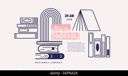 Affiche du salon du livre pour la publicité. Affiche verticale pour le salon du livre avec différents livres. Modèle de publicité pour librairie, librairie, bibliothèque. Illustration de Vecteur