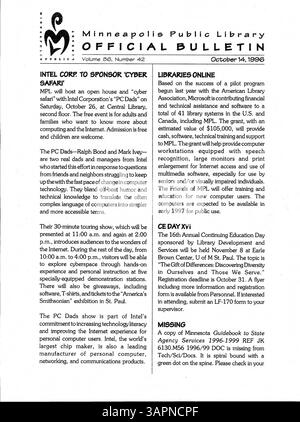Ce bulletin hebdomadaire de 1996 fournit aux employés de la Bibliothèque publique de Minneapolis des mises à jour, des annonces et des informations importantes sur les opérations de la bibliothèque, les programmes du personnel et les événements. Banque D'Images