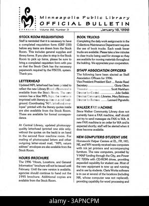 Ce bulletin hebdomadaire de 1996 fournit des mises à jour et des nouvelles pour les employés de la Bibliothèque publique de Minneapolis. Banque D'Images