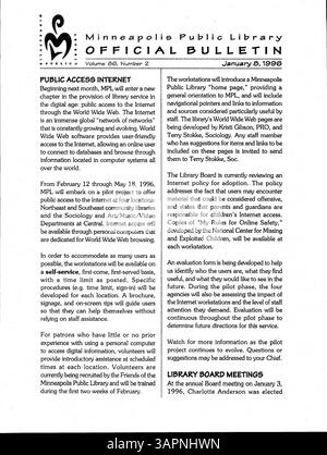 Ce bulletin hebdomadaire de 1996 pour le personnel de la Bibliothèque publique de Minneapolis contient des avis officiels, des mises à jour sur les événements de la bibliothèque et d'autres communications internes importantes pour les employés. Banque D'Images