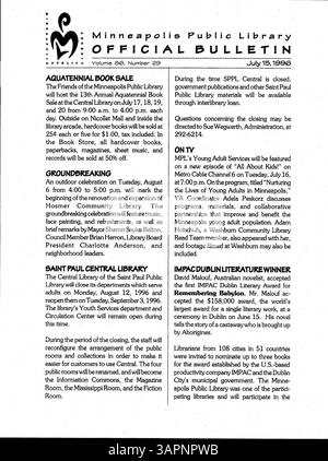 Ce bulletin officiel de 1996 est publié chaque semaine à l'intention des employés de la Bibliothèque publique de Minneapolis. Il contient des communications et des annonces clés sur les services et les événements de la bibliothèque. Banque D'Images