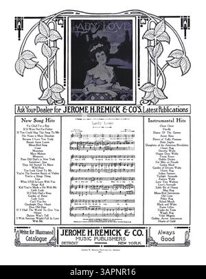 'Roses me rappellent de vous' comprend une publicité pleine page pour les 'dernières publications' de Jerome H. Remick & Co. sur la deuxième page. La publicité comprend des extraits musicaux des chansons Moon Bird de Johann C. Schmid et J.E. Dempsey et Lady Love d'Albert Gumble et Wm McKenna. Banque D'Images
