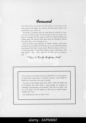 L'annuaire « Polaris » 1943 de North High reprend les faits marquants de l'année académique 1942-1943, documentant les étudiants, les enseignants, les événements sportifs, les clubs, et d'importantes activités scolaires. L’histoire afro-américaine est notamment soulignée dans cette édition. Banque D'Images