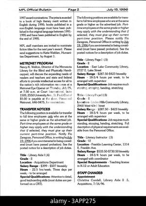 Ce bulletin 1996 offre des mises à jour hebdomadaires pour les employés de la Bibliothèque publique de Minneapolis, en se concentrant sur les communications internes, les événements et les annonces du personnel. Banque D'Images
