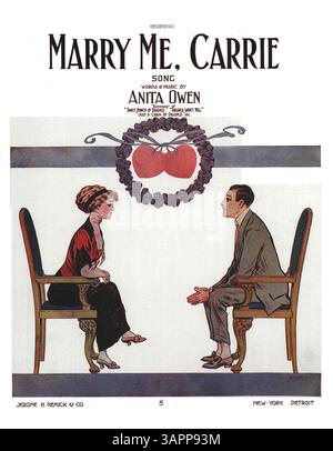 La partition de Marry me, Carrie contient des publicités pour les dernières publications de Jerome H. Remick & Co. La deuxième page comprend un extrait de « Down in the Old Meadow Lane », tandis que la quatrième de couverture présente un extrait de « Who Are You With Tonight ? » imprimé à l'encre bleue. Numéro de plaque : 4501. Banque D'Images