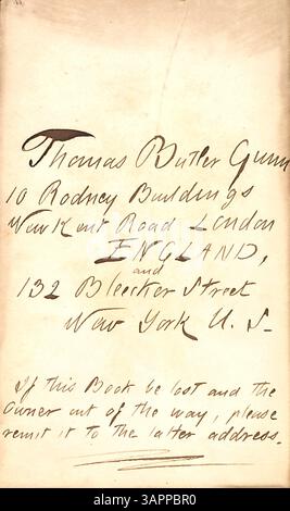 Une entrée du journal de Thomas Butler Gunn, volume 22, daté de 1863, qui comprend son adresse et sert de document historique personnel. Banque D'Images