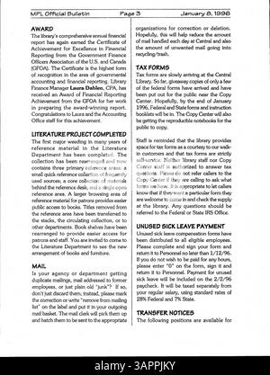 Ce bulletin, publié chaque semaine en 1996 à l'intention des employés de la Bibliothèque publique de Minneapolis, comprend des mises à jour, des nouvelles et des renseignements pertinents sur la bibliothèque pour le personnel. Banque D'Images