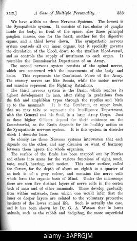 L’article traite du cas de Mary Barnes, une fillette de 12 ans qui a commencé à développer de multiples personnalités à la suite d’une maladie en 1894. Au fil des années, dix personnalités distinctes ont émergé, chacune avec ses propres traits, tels que la surdité, la cécité et la paralysie. Dr Wilson a documenté ces personnalités en détail, y compris leur apparition et leur disparition, ainsi que les lettres de Marie écrites par chaque personnalité. Banque D'Images