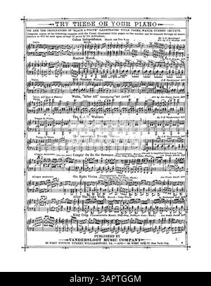 Cette partition comprend la chanson 'Sunbeam and Shadows' de Robert A. Keiser, interprétée par Lemolius & compris Alva. La deuxième page contient un extrait musical de la chanson. Le bas de chaque page annonce la chanson, et la couverture arrière comprend une publicité pleine page avec des extraits musicaux de diverses chansons publiées par Vandersloot Music Company. Banque D'Images