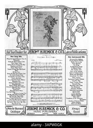 Pochette de partition pour 'Diary of My Heart', dédiée à Madame Schumann Heink, écrite par Mertie Bamber Bergen. Inclut des publicités pour des chansons populaires et des tubes instrumentaux de Jerome H. Remick et un refrain de 'Sunshine and Roses'. Numéro de plaque 7713. Banque D'Images