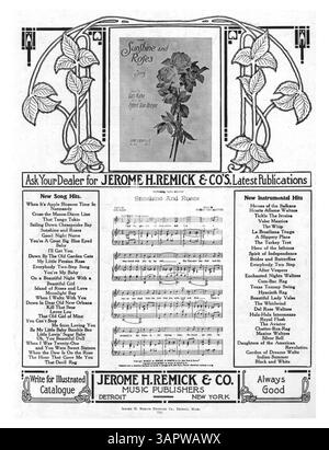Pochette de partition pour 'Diary of My Heart', dédiée à Madame Schumann Heink, écrite par Mertie Bamber Bergen. Inclut des publicités pour des chansons populaires et des tubes instrumentaux de Jerome H. Remick et un refrain de 'Sunshine and Roses'. Numéro de plaque 7713. Banque D'Images